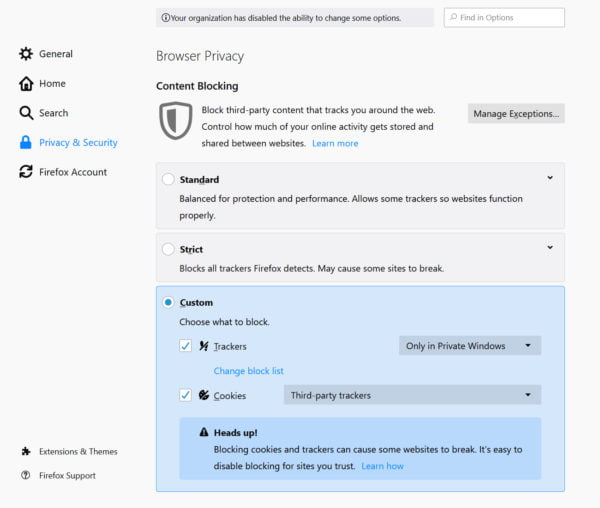 Firefox Blocking Options