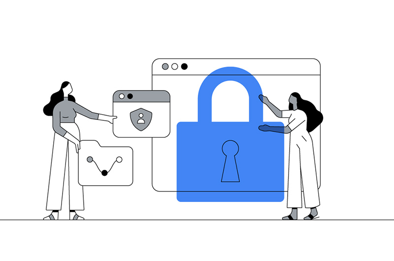 Illustration of people interacting with digital security elements