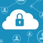 Cloud icon with a lock symbolizing security and privacy surrounded by user connections.