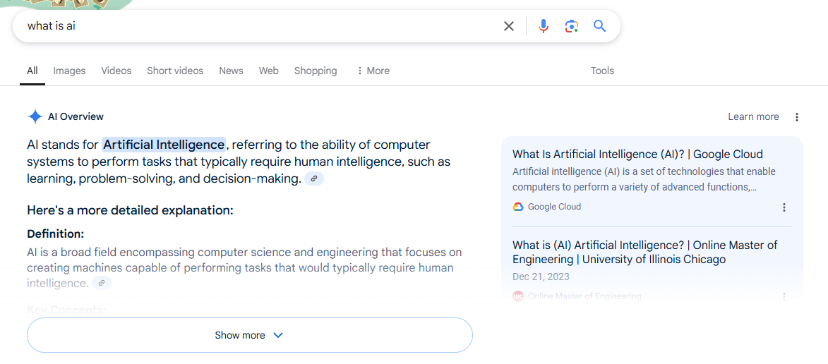 Vista de los resúmenes de IA en los resultados de búsqueda de Google