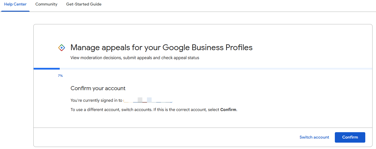 Pantalla del proceso de apelación de la suspensión del perfil de empresa de Google