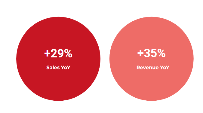 Two circles showcasing the growth in sales and revenue of an ecommerce website